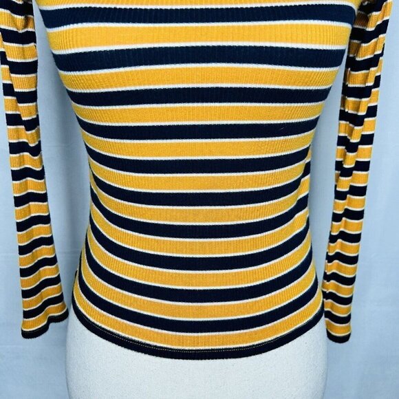 Forever 21 Long-Sleeve Ribbed Shirt Womens Size S Gold Navy Striped Rayon Blend - Picture 3 of 8